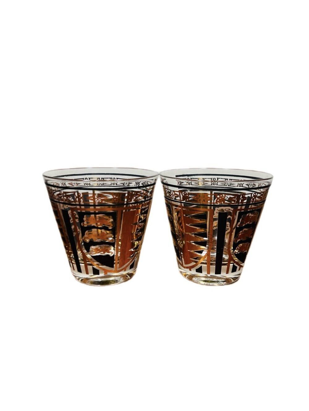 Mid Century Barware 2 Low Ball Glasses Lion Crest  Black And Gold